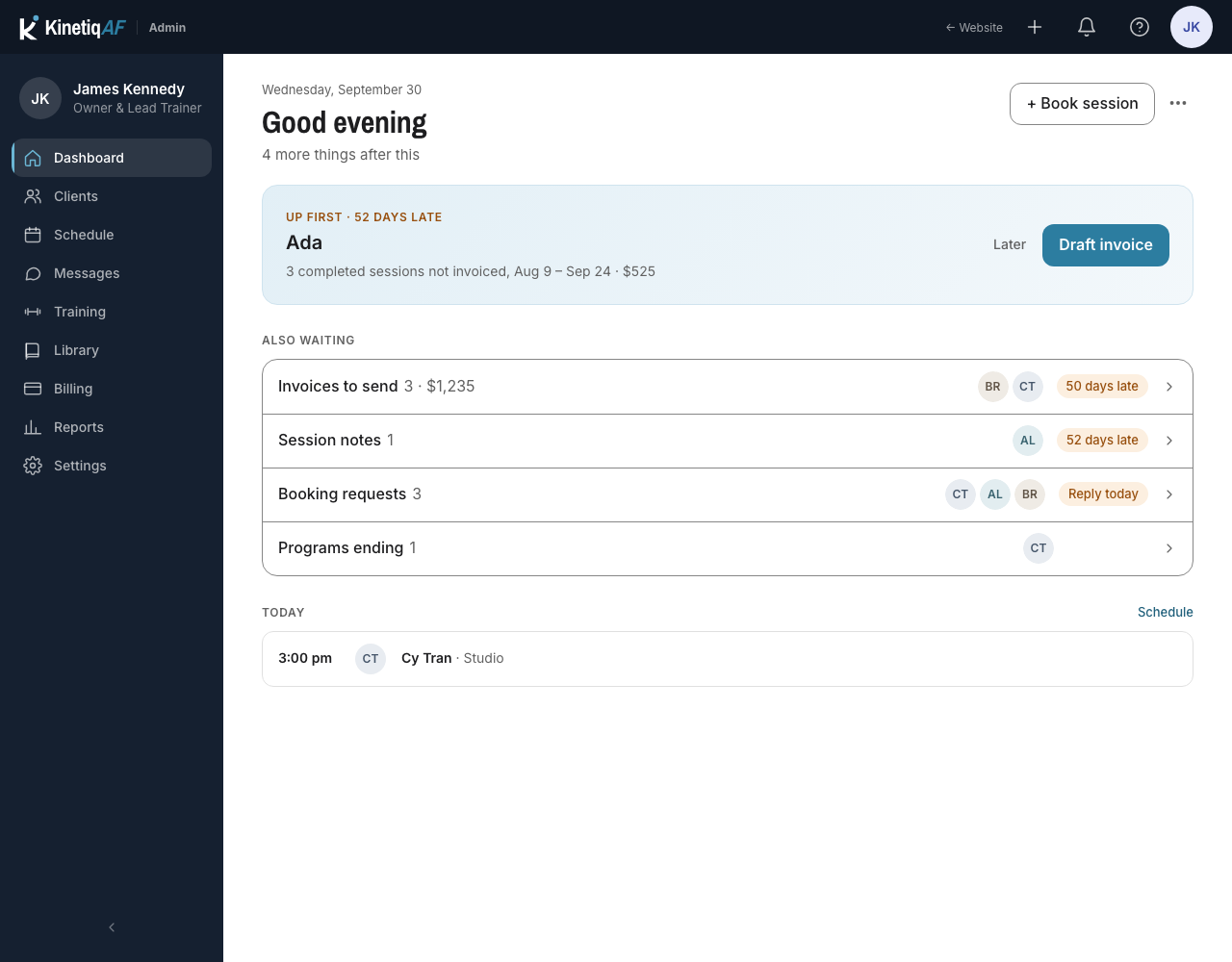 The trainer dashboard: the one thing up first, what else is waiting, and today's sessions