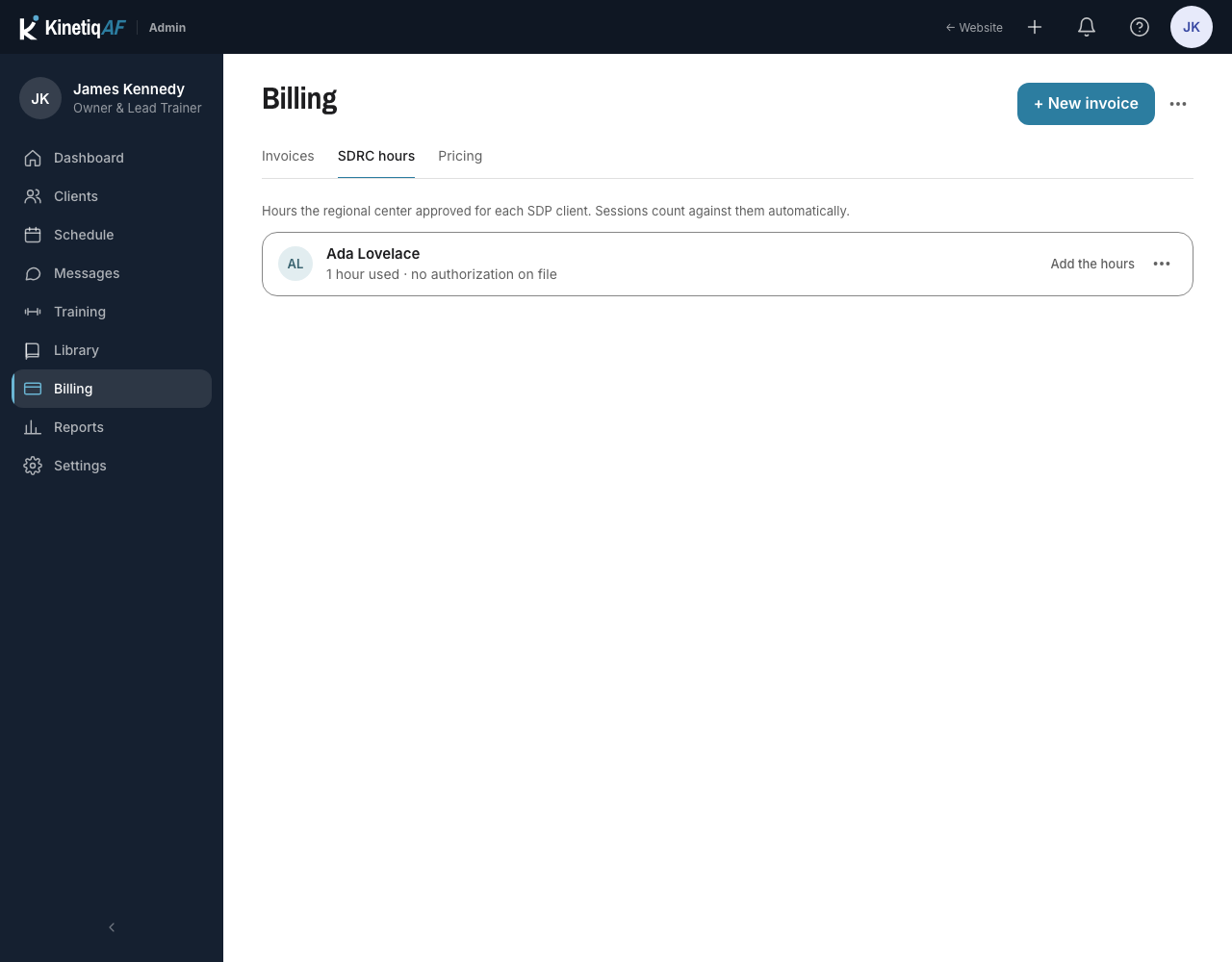 Billing, the approved-hours tab: each SDP client’s hours approved and used