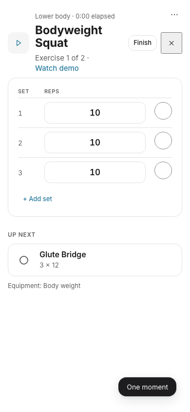A workout in progress: the exercise, its sets and what is up next